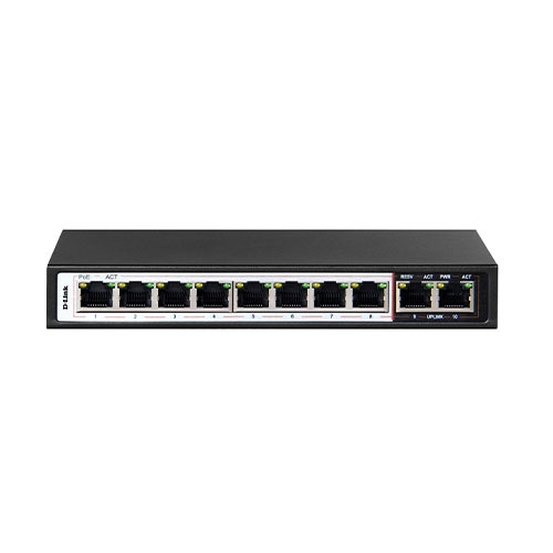 Switch D-Link 10-Port Fast Ethernet Switch with 8 PoE Ports and 2 Uplink Ports DES-F1010P-E